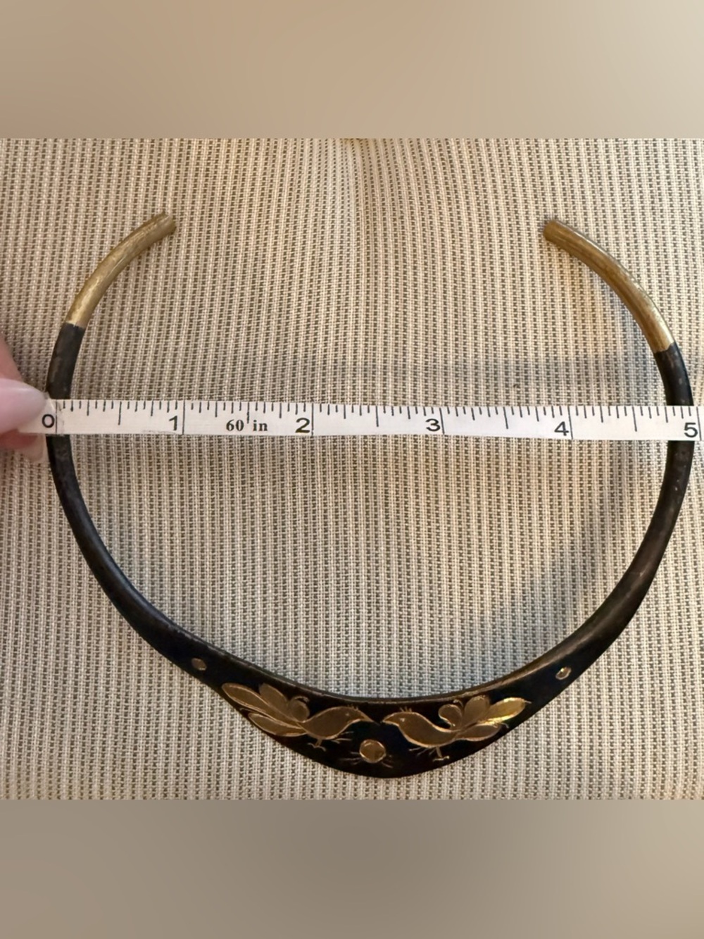Rare Brass Collar Necklace Black Gold Tone Bird Floral Design Vintage India - Picture 13 of 14